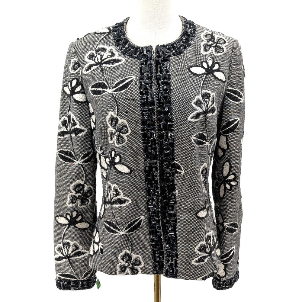 Berek Floral Tapestry Embroidered Jacket Black White Textured‎ Blazer M